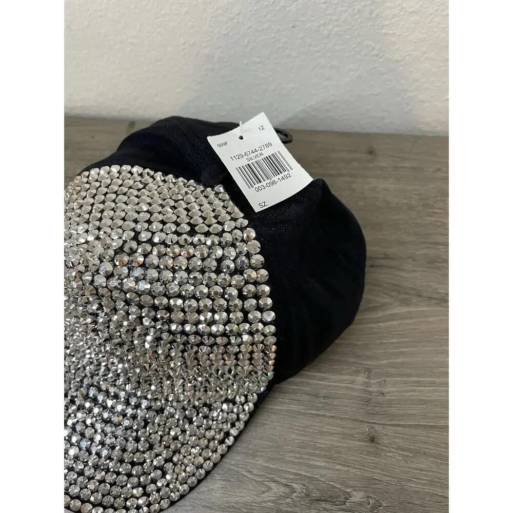 Bling Rhinestone Bedazzled Baseball Cap Silver Studded Adjustable Black Hat NEW